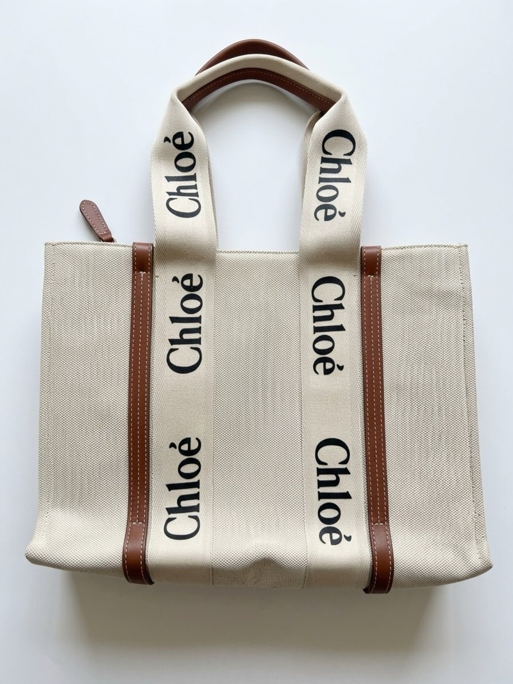 Beige Canvas & Brown Leather Logo Tote